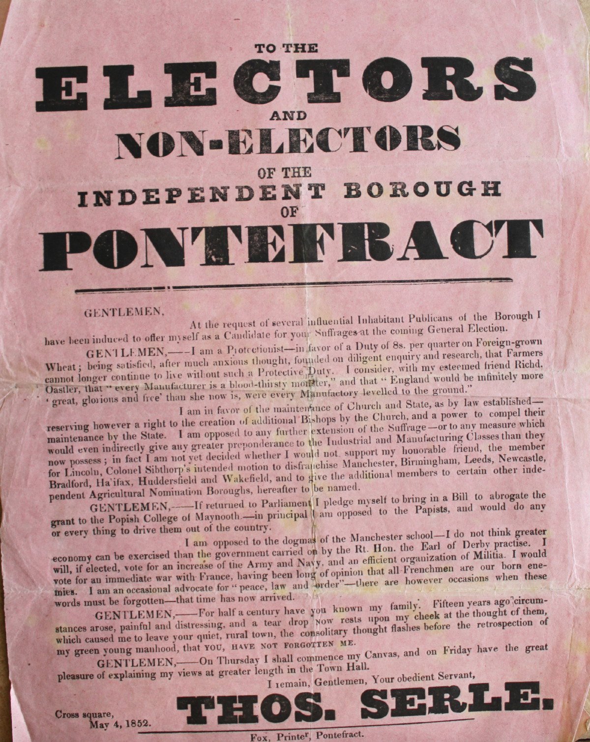 Image for To the Electors and Non-Electors of the Independent Borough of Pontefract by Thos Serle.