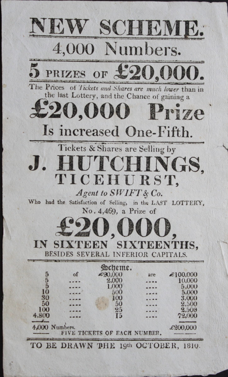 Image for New Scheme. 4,000 Numbers. 5 Prizes of £20,000. Tickets and Shares are Selling by J. Hutchins, Ticehurst, Agent to Swift and Co...To be drawn the 19th October, 1810.