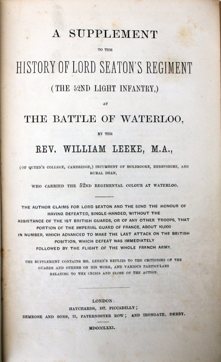 Image for A Supplement to the History of Lord Seaton's Regiment (The 52nd Light Infantry) at the Battle of Waterloo.