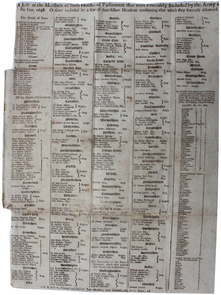 Image for A List of the Members of Both Houses of Parliament That Were Forceably Secluded by the Army in the year, 1648. Or since excluded by a few of their fellow Members confirming that which they formerly disowned.