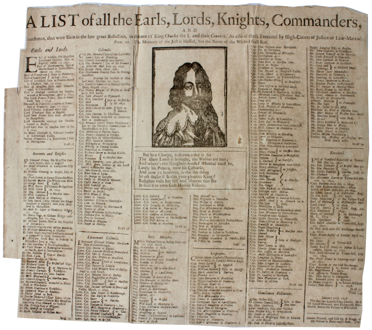 Image for A List of all the Earls, Lords, Knights, Commanders, Gentlemen, that were Slain in the late great Rebellion, in defence of King Charles the I. As also those Executed by High-Courts of Justice or law-Martial.