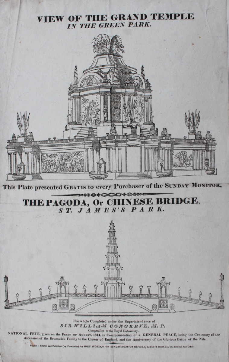 Image for View of the Grand Temple in Green Park and The Pagoda, or Chinese Bridge, St. James’s Park. The whole completed under the Superintendance of Sir William Congreve M.P. Comptroller to the Royal Laboratory.