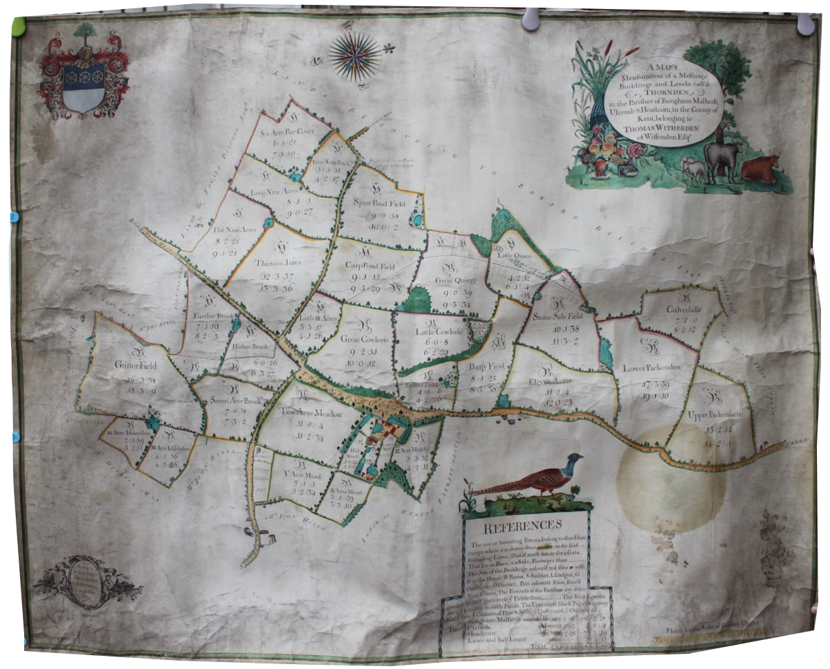 Image for A Map’s Mensuration of a Messuage, Buildings and Lands Call’d Thornden in the Parishes of Boughton Malherb, Ulcomb & Headcorn, in the County of Kent, belonging to Thomas Witherden of Wissenden, Esq.