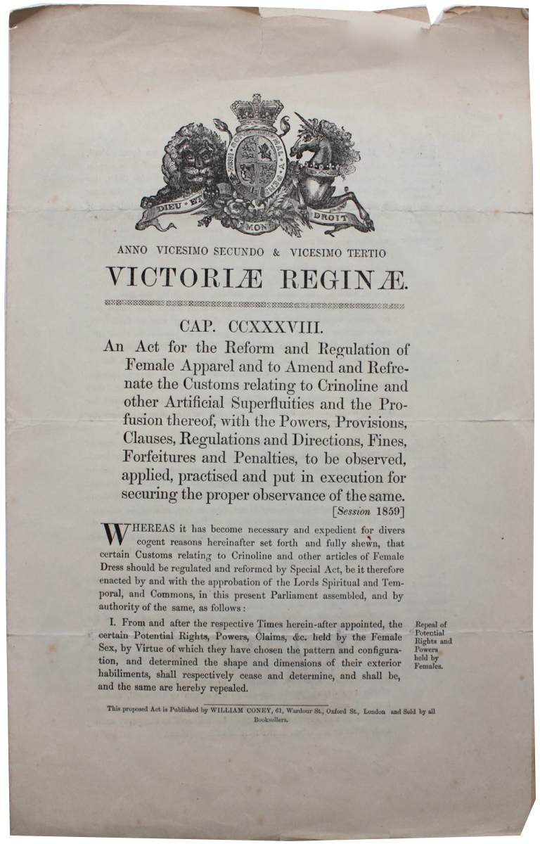 Image for An Act for the Reform and Regulation of Female Apparel and to Amend and Refrenate the Customs relating to Crinoline and other Artificial Superfluities and the Profusion thereof, with the Powers, Provisions, Clauses, Regulations and Directions, Fines, Forfeitures and Penalties, to be observed, applied, practised and put into execution for securing the proper observance of the same.