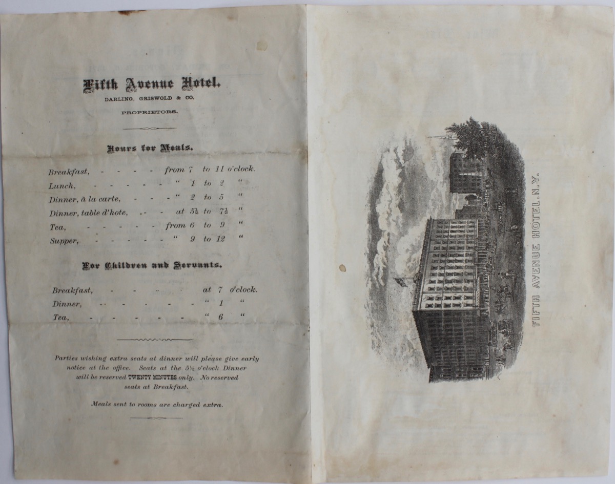 Image for Fifth Avenue Hotel, New York. Menu and wine list.