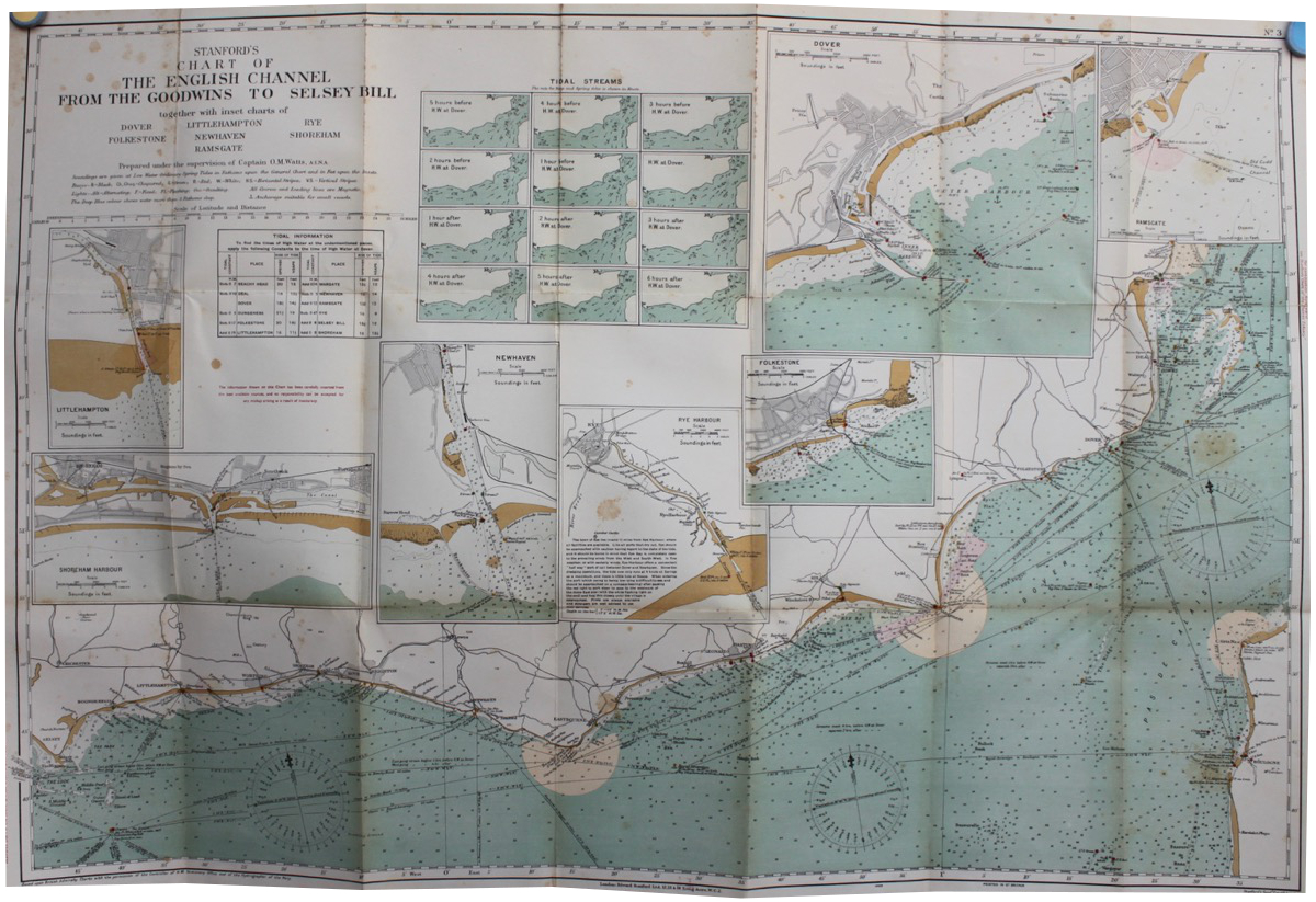 Image for Stanford’s Chart of the English Channel From the Goodwins to Selsey Bill, together with inset charts of Dover, Littlehampton, Rye, Folkestone, Newhaven, Shoreham, Ramsgate.