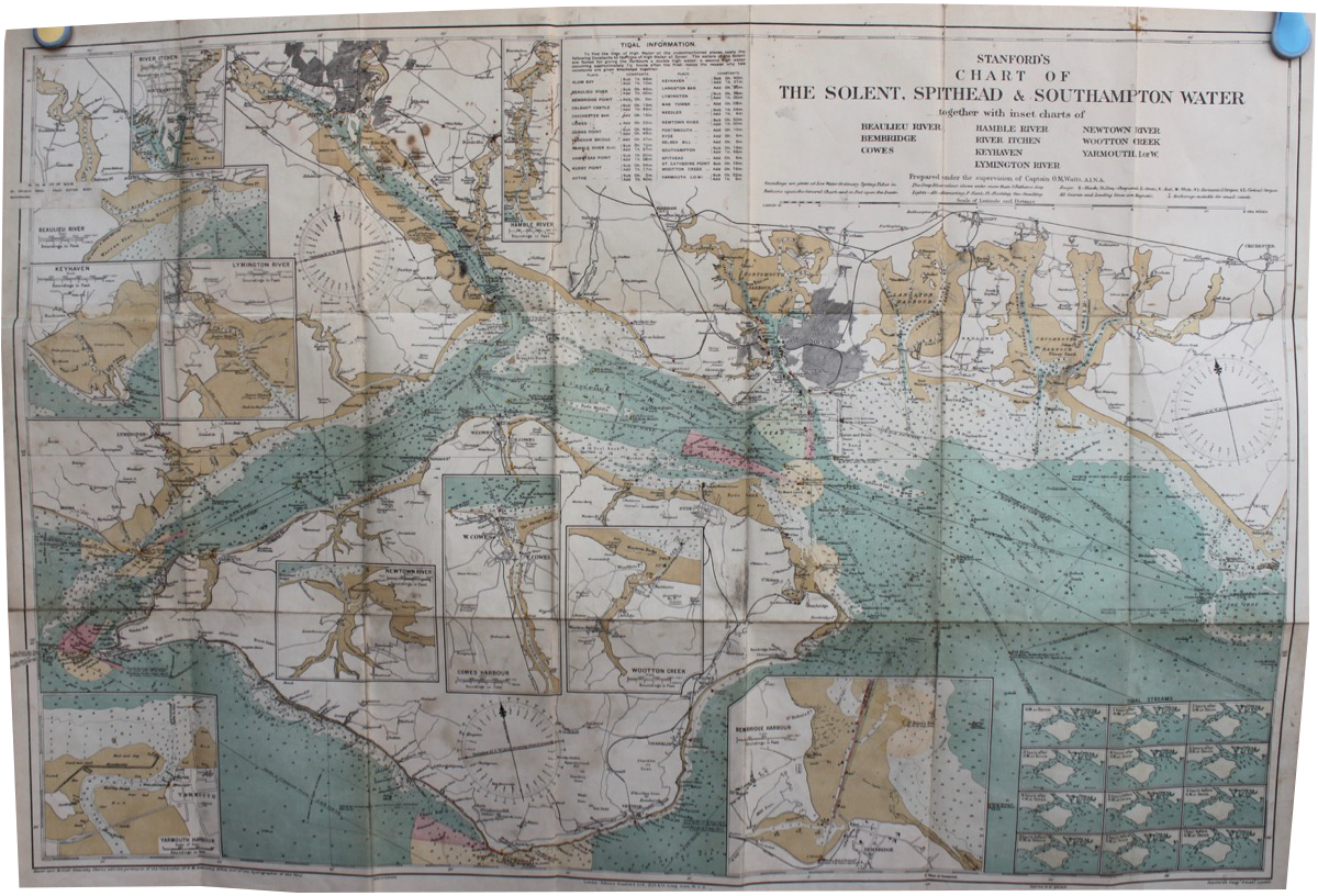 Image for Stanford’s Chart of the The Solent, Spithead & Southampton Water together with inset charts of Beaulieu River, Hamble River, Newtown River, Bembridge, River Itchen, Wootton Creek, Cowes, Keyhaven, Yarmouth IoW, Lymington River.