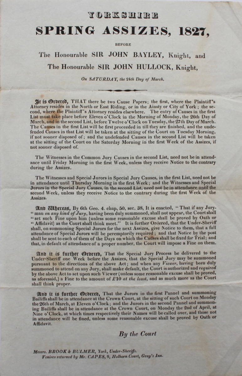 Image for Yorkshire Spring Assizes, 1827 before The Honourable Sir John Bayley, Knight and The Honourable Sir John Hullock, Knight, on Saturday, the 24th Day of March.
