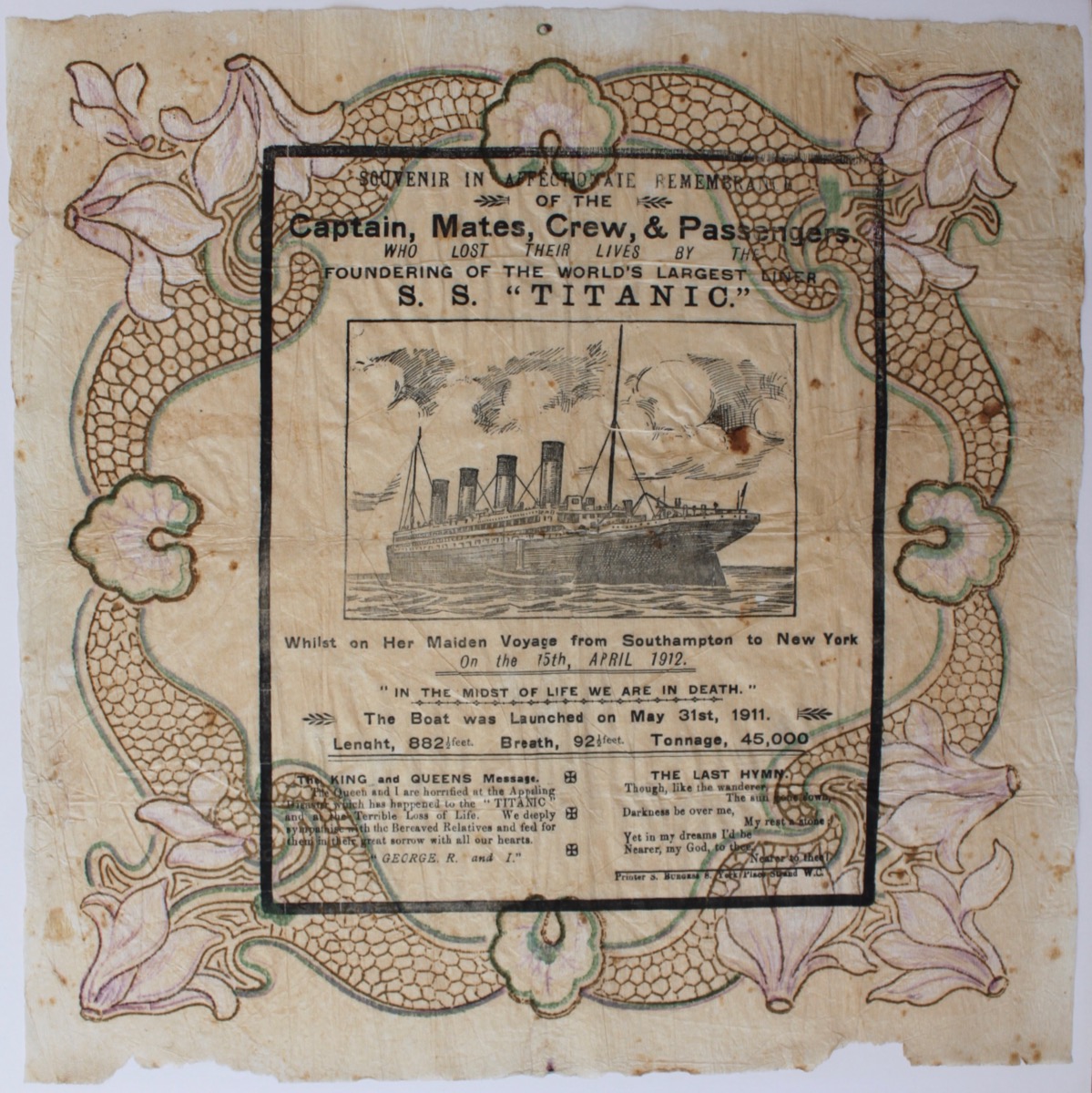 Image for Souvenir in Affectionate Remembrance of the Captain, Mates, Crew, & Passengers, who Lost Their Lives by the Floundering of the World’s Largest Liner S.S. “Titanic.” Whilst on Her Maiden Voyage from Southampton to New York On the 15th, April 1912.