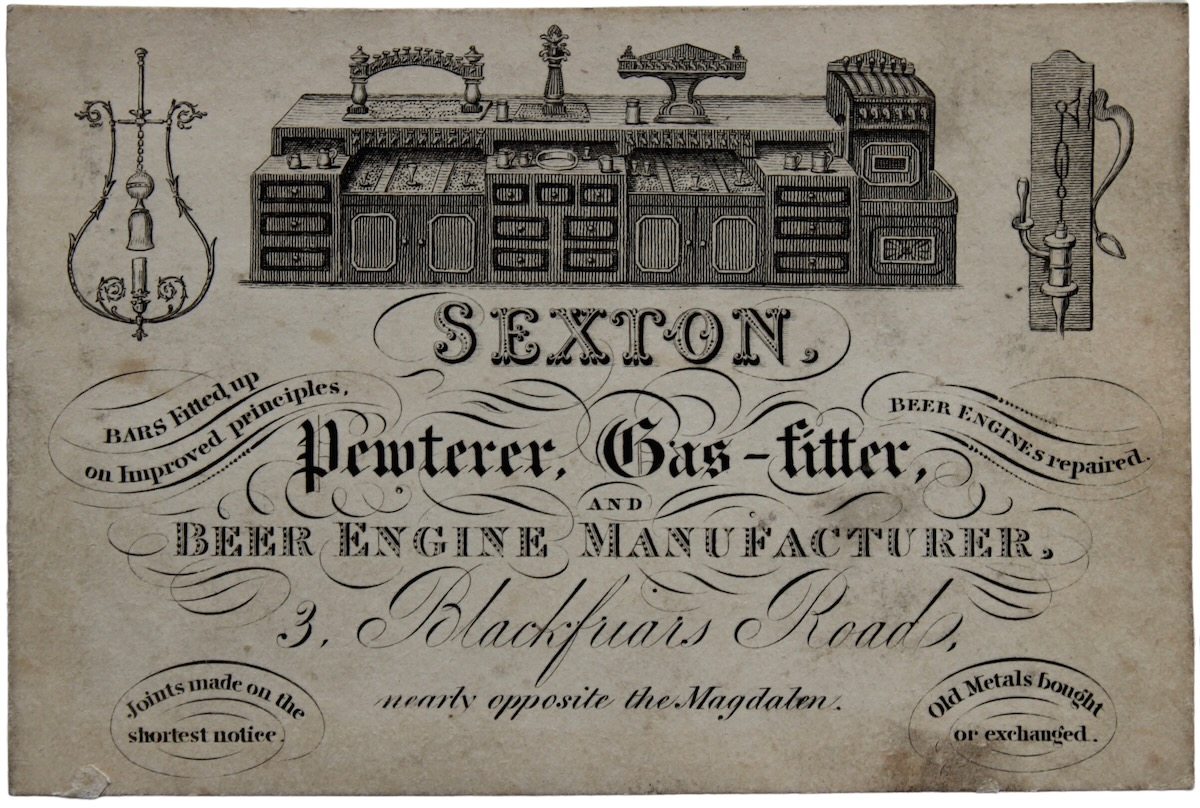 Pewterer, Gasfitter, and Beer Engine Manufacturer. Bars fitted up on